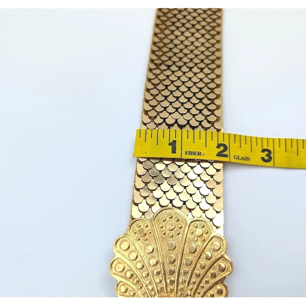 VTG Accessocraft Gold Tone Belt Fish Scale Sequins Metal‎ Ornate Buckle Etruscan